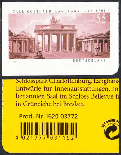 BUND 2007 Michel-Nummer 2636 postfrisch EINZELMARKE m/ EAN -aus MH/selbstklebend-