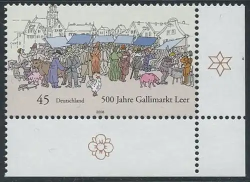 BUND 2008 Michel-Nummer 2696 postfrisch EINZELMARKE ECKRAND unten rechts