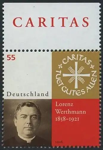 BUND 2008 Michel-Nummer 2697 postfrisch EINZELMARKE RAND oben (c)