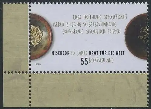 BUND 2009 Michel-Nummer 2711 postfrisch EINZELMARKE ECKRAND unten links