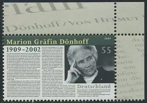 BUND 2009 Michel-Nummer 2766 postfrisch EINZELMARKE ECKRAND oben rechts