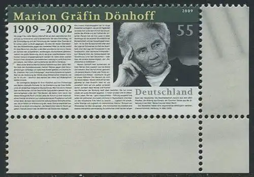 BUND 2009 Michel-Nummer 2766 postfrisch EINZELMARKE ECKRAND unten rechts