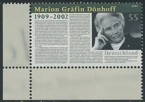 BUND 2009 Michel-Nummer 2766 postfrisch EINZELMARKE ECKRAND unten links