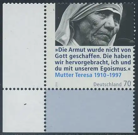BUND 2010 Michel-Nummer 2813 postfrisch EINZELMARKE ECKRAND unten links