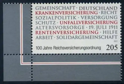 BUND 2011 Michel-Nummer 2868 postfrisch EINZELMARKE ECKRAND unten links