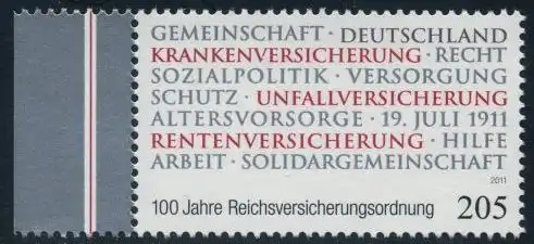 BUND 2011 Michel-Nummer 2868 postfrisch EINZELMARKE RAND links