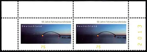 BUND 2013 Michel-Nummer 3001 postfrisch horiz.PAAR ECKRÄNDER oben rechts/oben links