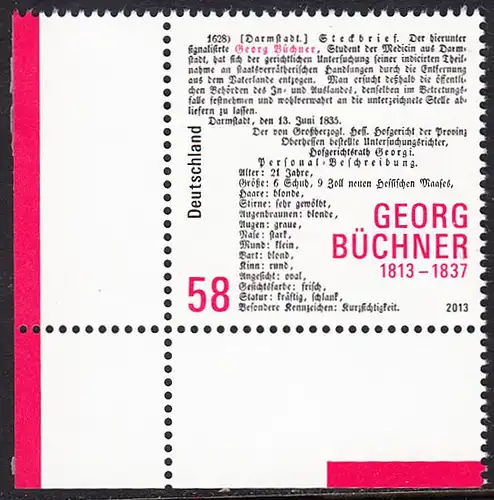 BUND 2013 Michel-Nummer 3031 postfrisch EINZELMARKE ECKRAND unten links