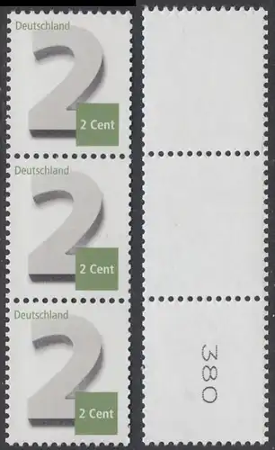 BUND 2013 Michel-Nummer 3042 postfrisch vert.STRIP(3) m/ rücks.Rollennummer 380 -Rollenmarken-