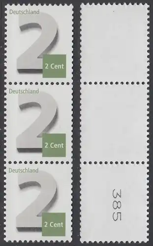 BUND 2013 Michel-Nummer 3042 postfrisch vert.STRIP(3) m/ rücks.Rollennummer 385 -Rollenmarken-