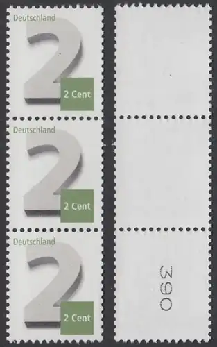 BUND 2013 Michel-Nummer 3042 postfrisch vert.STRIP(3) m/ rücks.Rollennummer 390 -Rollenmarken-