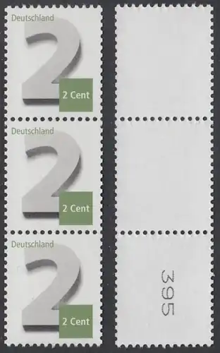 BUND 2013 Michel-Nummer 3042 postfrisch vert.STRIP(3) m/ rücks.Rollennummer 395 -Rollenmarken-