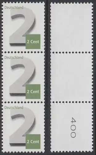 BUND 2013 Michel-Nummer 3042 postfrisch vert.STRIP(3) m/ rücks.Rollennummer 400 -Rollenmarken-