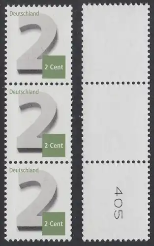 BUND 2013 Michel-Nummer 3042 postfrisch vert.STRIP(3) m/ rücks.Rollennummer 405 -Rollenmarken-