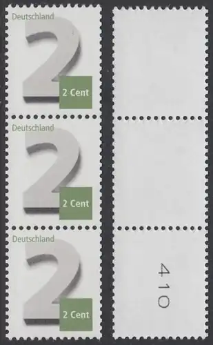 BUND 2013 Michel-Nummer 3042 postfrisch vert.STRIP(3) m/ rücks.Rollennummer 410 -Rollenmarken-