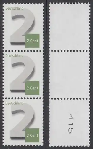 BUND 2013 Michel-Nummer 3042 postfrisch vert.STRIP(3) m/ rücks.Rollennummer 415 -Rollenmarken-