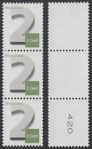 BUND 2013 Michel-Nummer 3042 postfrisch vert.STRIP(3) m/ rücks.Rollennummer 420 -Rollenmarken-