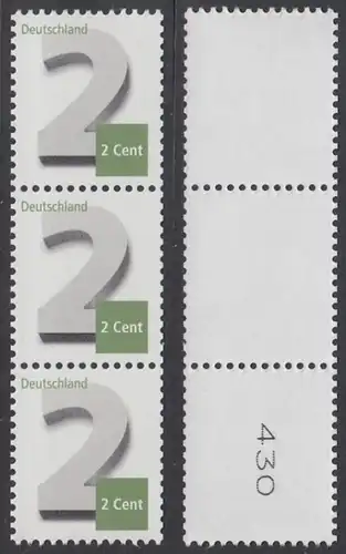 BUND 2013 Michel-Nummer 3042 postfrisch vert.STRIP(3) m/ rücks.Rollennummer 430 -Rollenmarken-