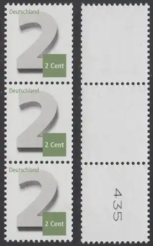 BUND 2013 Michel-Nummer 3042 postfrisch vert.STRIP(3) m/ rücks.Rollennummer 435 -Rollenmarken-