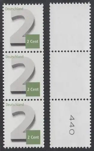 BUND 2013 Michel-Nummer 3042 postfrisch vert.STRIP(3) m/ rücks.Rollennummer 440 -Rollenmarken-