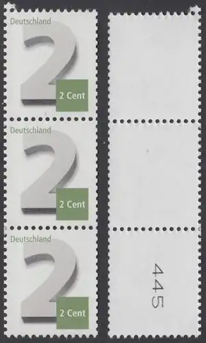 BUND 2013 Michel-Nummer 3042 postfrisch vert.STRIP(3) m/ rücks.Rollennummer 445 -Rollenmarken-