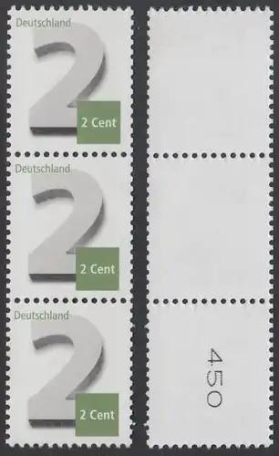 BUND 2013 Michel-Nummer 3042 postfrisch vert.STRIP(3) m/ rücks.Rollennummer 450 -Rollenmarken-