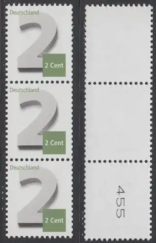 BUND 2013 Michel-Nummer 3042 postfrisch vert.STRIP(3) m/ rücks.Rollennummer 455 -Rollenmarken-