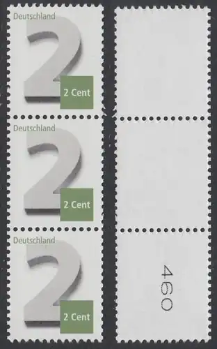 BUND 2013 Michel-Nummer 3042 postfrisch vert.STRIP(3) m/ rücks.Rollennummer 460 -Rollenmarken-