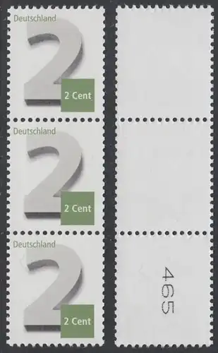 BUND 2013 Michel-Nummer 3042 postfrisch vert.STRIP(3) m/ rücks.Rollennummer 465 -Rollenmarken-