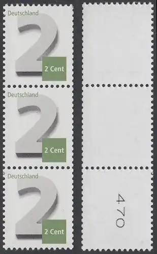 BUND 2013 Michel-Nummer 3042 postfrisch vert.STRIP(3) m/ rücks.Rollennummer 470 -Rollenmarken-