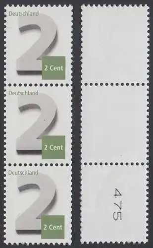 BUND 2013 Michel-Nummer 3042 postfrisch vert.STRIP(3) m/ rücks.Rollennummer 475 -Rollenmarken-