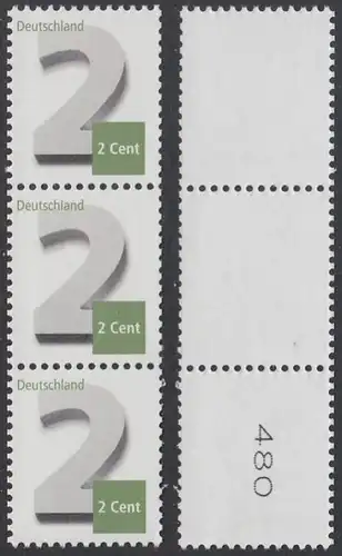 BUND 2013 Michel-Nummer 3042 postfrisch vert.STRIP(3) m/ rücks.Rollennummer 480 -Rollenmarken-