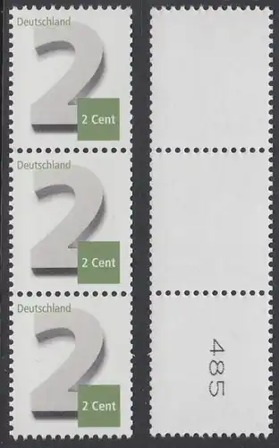 BUND 2013 Michel-Nummer 3042 postfrisch vert.STRIP(3) m/ rücks.Rollennummer 485 -Rollenmarken-