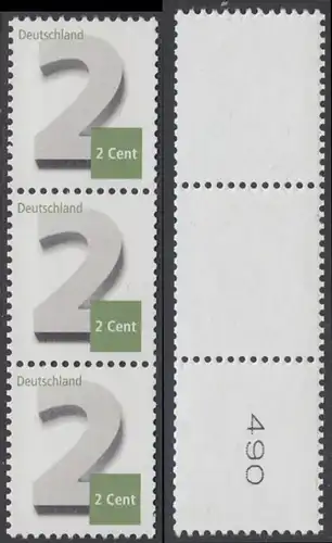 BUND 2013 Michel-Nummer 3042 postfrisch vert.STRIP(3) m/ rücks.Rollennummer 490 -Rollenmarken-