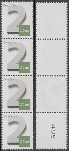 BUND 2013 Michel-Nummer 3042 postfrisch vert.STRIP(4) m/ rücks.Rollennummer 495 -Rollenmarken-