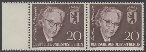 BERLIN 1961 Michel-Nummer 198 postfrisch horiz.PAAR RAND links - Todestag von Louise Schröder, Politikerin