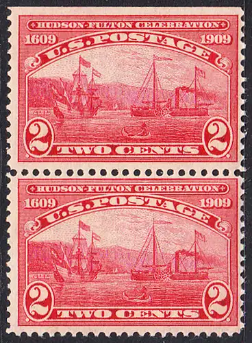USA Michel 0177 / Scott 0372 postfrisch vert.PAAR (oben ungezähnt/a1) - 300. Jahrestag der Entdeckung des Hudson, 100 Jahre Dampfschifffahrt auf dem Hudson