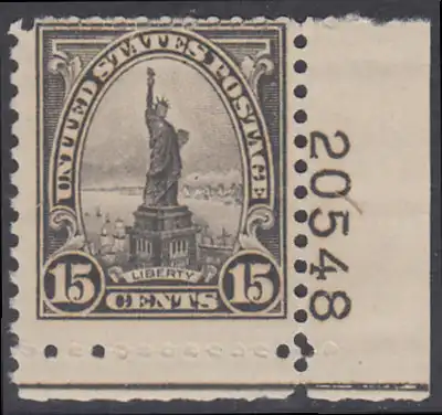 USA Michel 0277 / Scott 0566 postfrisch (Gummierung beeinträchtigt) EINZELMARKE ECKRAND unten rechts (LR/20548) - Persönlichkeiten und Landesmotive: Freiheitsstatue, New York