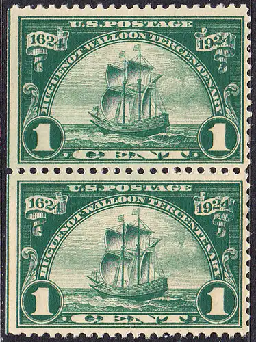 USA Michel 0290 / Scott 0614 postfrisch vert.PAAR (links ungezähnt) - 300. Jahrestag der Landung der Hugenotten: Segelschiff Nieu-Nederland