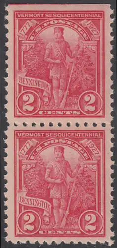 USA Michel 0307 / Scott 0643 postfrisch vert.PAAR (oben ungezähnt) - 150. Jahrestag der Unabhängigkeit des Staates Vermont und der Schlachten bei Bennington, Oriskany, Fort Stanwix und Saratoga: Green Mountain Boy, Milizionär der Freiwilligenarmee