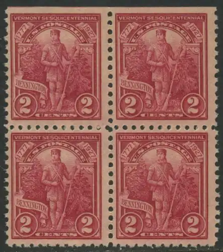 USA Michel 0307 / Scott 0643 postfrisch BLOCK (oben ungezähnt) - 150. Jahrestag der Unabhängigkeit des Staates Vermont und der Schlachten bei Bennington, Oriskany, Fort Stanwix und Saratoga: Green Mountain Boy, Milizionär der Freiwilligenarmee