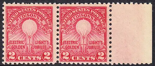USA Michel 0317 / Scott 0655 postfrisch horiz.PAAR RAND rechts - 50. Jahrestag der Erfindung der elektrischen Glühlampe durch Thomas Alva Edison