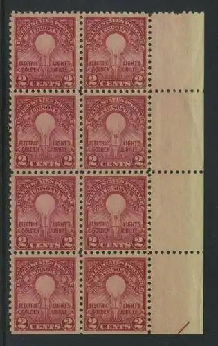 USA Michel 0317 / Scott 0655 postfrisch vert.BLOCK(8) RÄNDER rechts (unten  ungezähnt)  - 50. Jahrestag der Erfindung der elektrischen Glühlampe durch Thomas Alva Edison