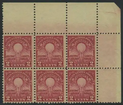 USA Michel 0317 / Scott 0655 postfrisch horiz.BLOCK(6) ECKRAND oben rechts - 50. Jahrestag der Erfindung der elektrischen Glühlampe durch Thomas Alva Edison