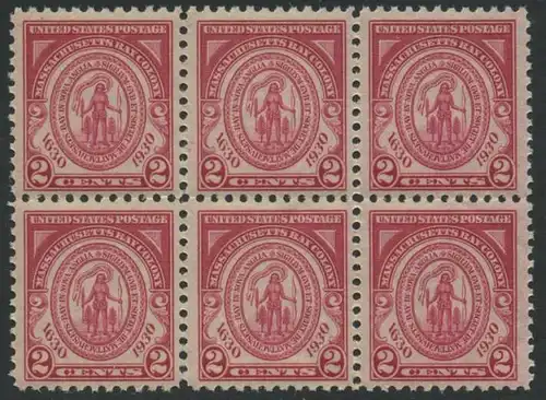 USA Michel 0324 / Scott 0682 postfrisch horiz.BLOCK(6) - 300. Jahrestag der Gründung der Massachusetts Bay Colony