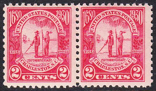 USA Michel 0325 / Scott 0683 postfrisch horiz.PAAR - 260. Jahrestag der Gründung der Provinz Carolina, 250 Jahre Stadt Charleston, SC