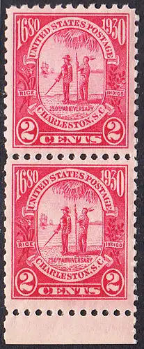 USA Michel 0325 / Scott 0683 postfrisch vert.PAAR RAND unten (a2) - 260. Jahrestag der Gründung der Provinz Carolina, 250 Jahre Stadt Charleston, SC