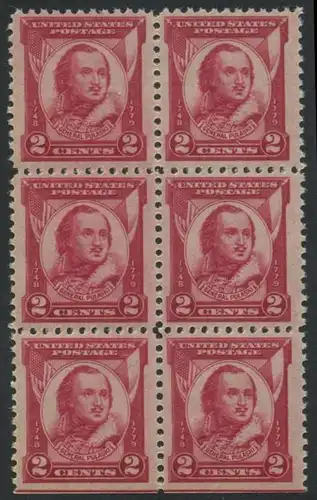 USA Michel 0331 / Scott 0690 postfrisch vert.BLOCK(6) (unten ungezähnt / a1) - 150. Todestag von General Casimir Pulaski