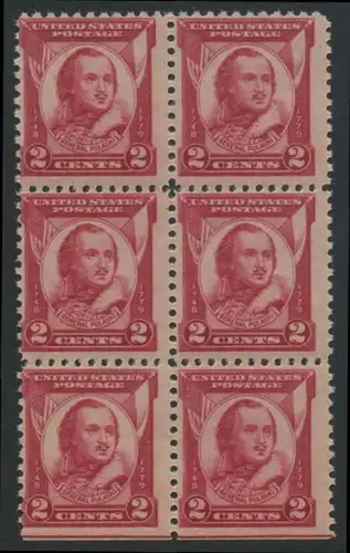 USA Michel 0331 / Scott 0690 postfrisch vert.BLOCK(6) (unten ungezähnt / a2) - 150. Todestag von General Casimir Pulaski