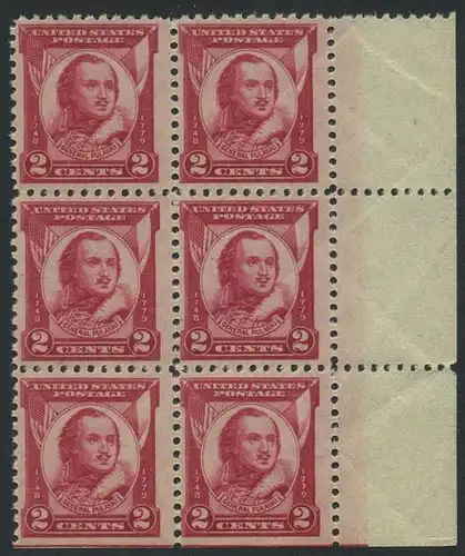 USA Michel 0331 / Scott 0690 postfrisch vert.BLOCK(6) RÄNDER rechts (unten ungezähnt / a1) - 150. Todestag von General Casimir Pulaski